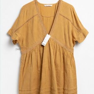 Urban Outfitters Mustard V-Neck Lace-Trim Tunic Top